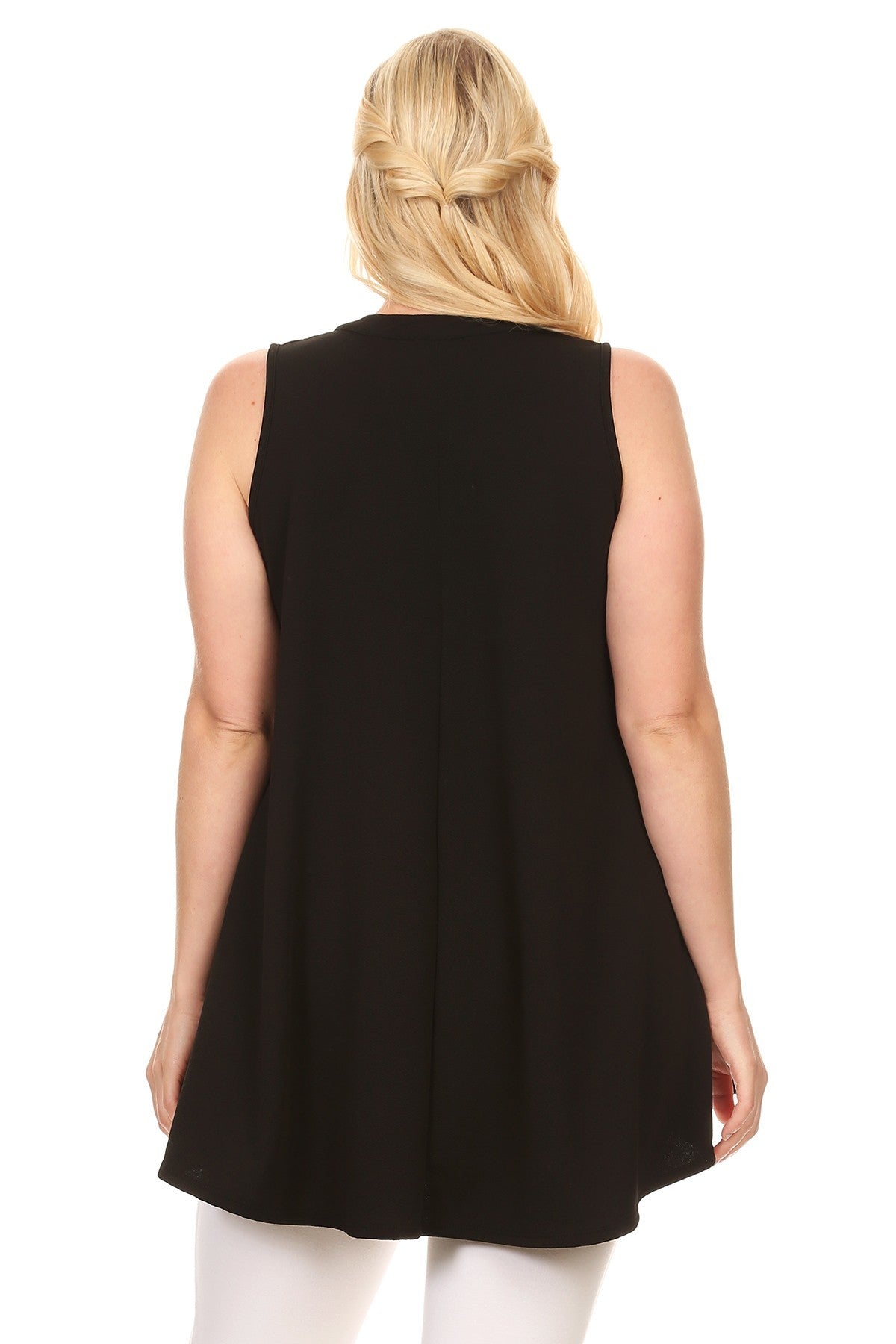 Curvy Black sleeveless textured tunic top with notched neckline, mandarin collar, and rounded hem.