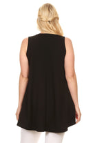 Curvy Black sleeveless textured tunic top with notched neckline, mandarin collar, and rounded hem.