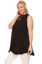 Curvy Black sleeveless textured tunic top with notched neckline, mandarin collar, and rounded hem.