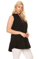 Curvy Black sleeveless textured tunic top with notched neckline, mandarin collar, and rounded hem.