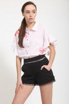 Dressy Black Crochet Lace Trim Shorts, Zipper Closure in Back,
Stretchy