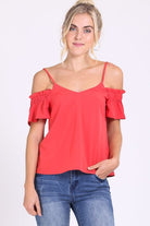 Tomato colored Ruffle Sleeve Cold Shoulder Cami Top with Adjustable Straps and Self-Tie on Back