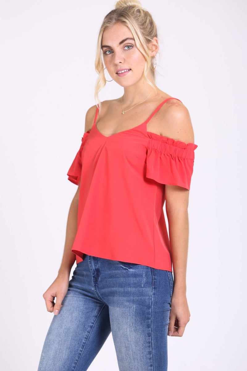 Tomato colored Ruffle Sleeve Cold Shoulder Cami Top with Adjustable Straps and Self-Tie on Back