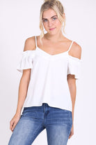 White Ruffle Sleeve Cold Shoulder Cami Top with Adjustable Straps and Self-Tie in Back