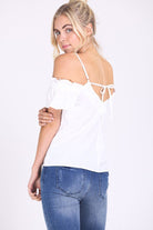 Ruffle Sleeve Cold Shoulder Cami Top with Adjustable Straps and Self-Tie on Back