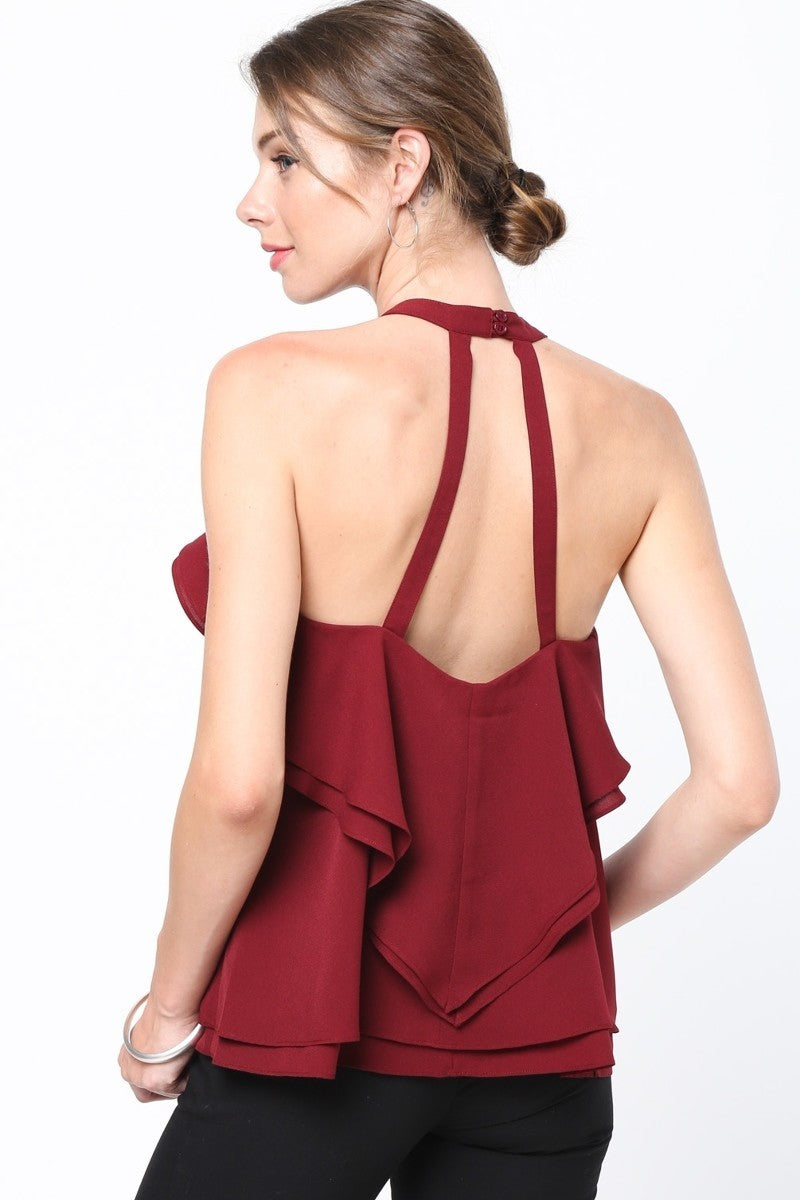 Burgundy/Wine Two Layer Ruffle Halter Top