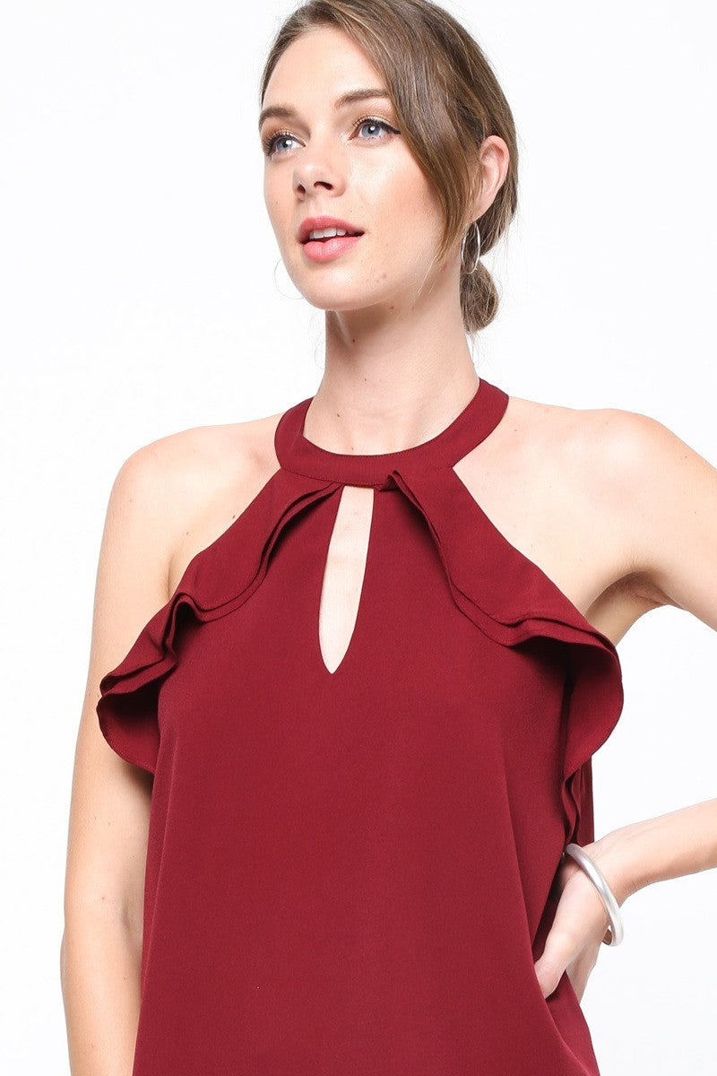 Burgundy/Wine Two Layer Ruffle Halter Top