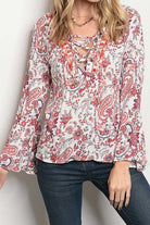 Red And White Paisley V-Neck Top With Bell Sleeves 