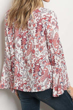 Red Paisley V-Neck Top With Bell Sleeves And Lace Up Detail