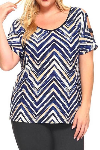 Plus Size Top Navy Blue and Taupe Chevron Striped Cold Shoulder Short Sleeve Top Curvy