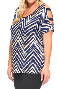 Navy Blue and Taupe Chevron Striped Cold Shoulder Short Sleeve Top Curvy