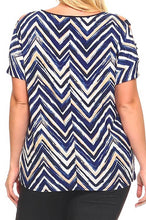 Navy Blue and Taupe Chevron Striped Cold Shoulder Short Sleeve Top Curvy