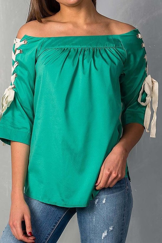Green Off Shoulder Top with Lace Up Detail Sleeves