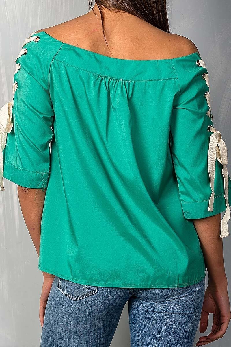 Green Off Shoulder Top with Lace Up Detail Sleeves