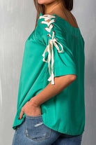 Green Off Shoulder Top with Lace Up Detail Sleeves