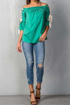 Green Off Shoulder Top with Lace Up Detail Sleeves