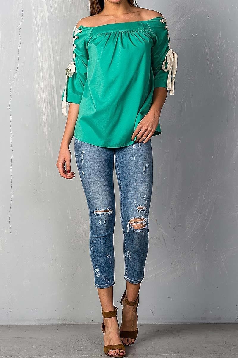 Green Off Shoulder Top with Lace Up Detail Sleeves