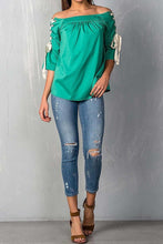 Green Off Shoulder Top Lace Up Detail Sleeves