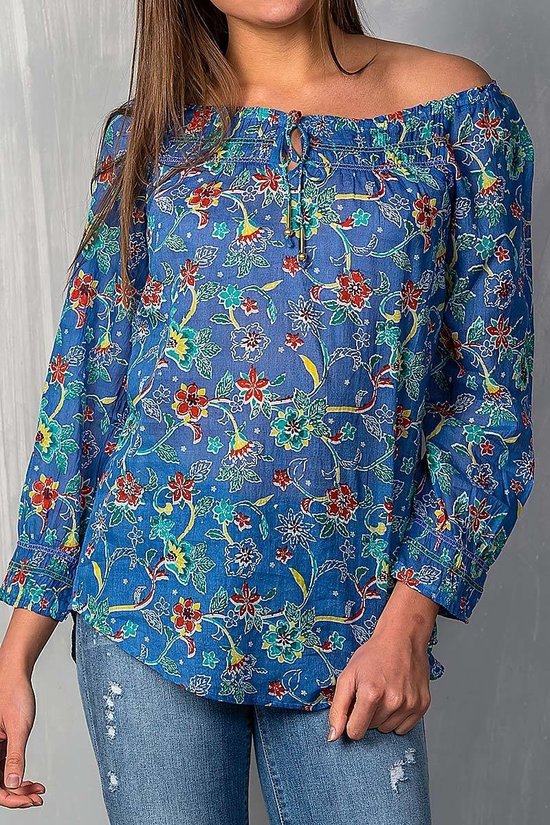 Boho Blue Floral Print Elastic Neckline Off Shoulder Long Sleeve Top