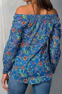 Boho Blue Floral Print Elastic Neckline Off Shoulder Long Sleeve Top