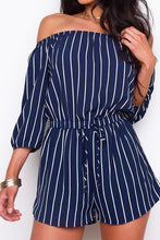 Romper Navy and White Striped 3/4 Sleeve Off Shoulder