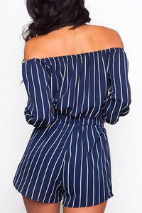 Vertical Striped Navy Off Shoulder Romper With 3/4 Sleeves