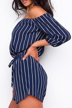 Vertical Striped Navy Off Shoulder Romper With 3/4 Sleeves