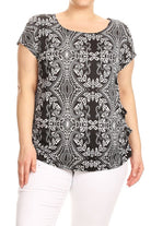 Black and white printed tunic top in a relaxed fit with a round neck, short sleeves, side ruched detail, and curved hi-low hem, in Plus Sizes.