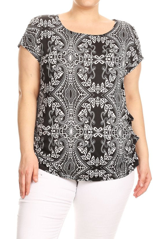 Black and white printed tunic top in a relaxed fit with a round neck, short sleeves, side ruched detail, and curved hi-low hem, in Plus Sizes.