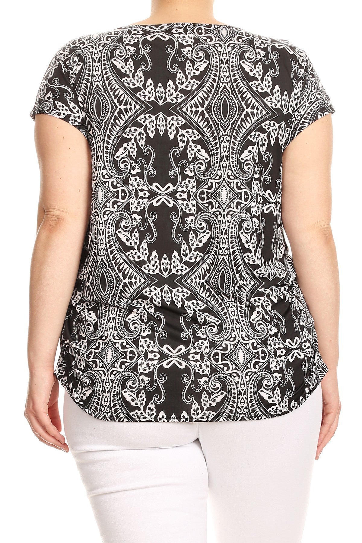 Black and white printed tunic top in a relaxed fit with a round neck, short sleeves, side ruched detail, and curved hi-low hem, in Plus Sizes.