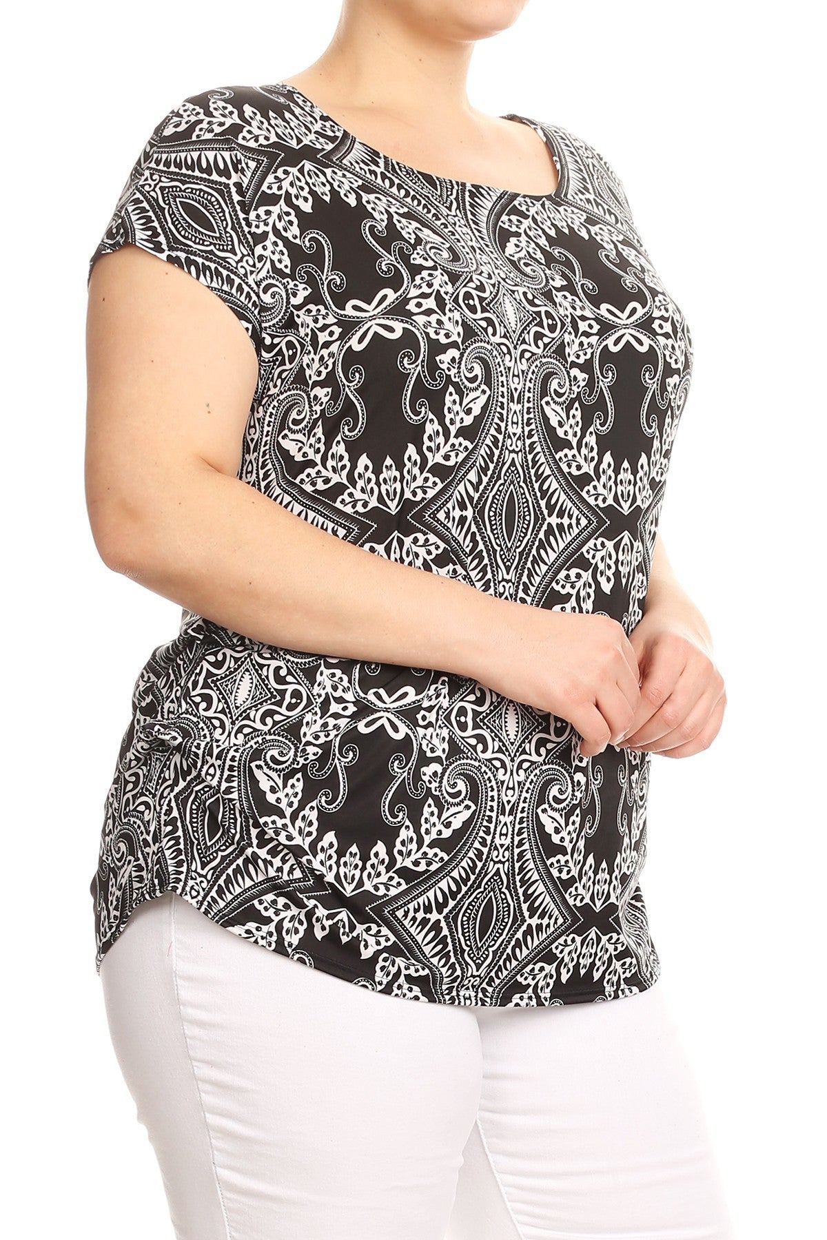 Black and white printed tunic top in a relaxed fit with a round neck, short sleeves, side ruched detail, and curved hi-low hem, in Plus Sizes.