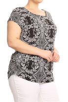 Black and white printed tunic top in a relaxed fit with a round neck, short sleeves, side ruched detail, and curved hi-low hem, in Plus Sizes.