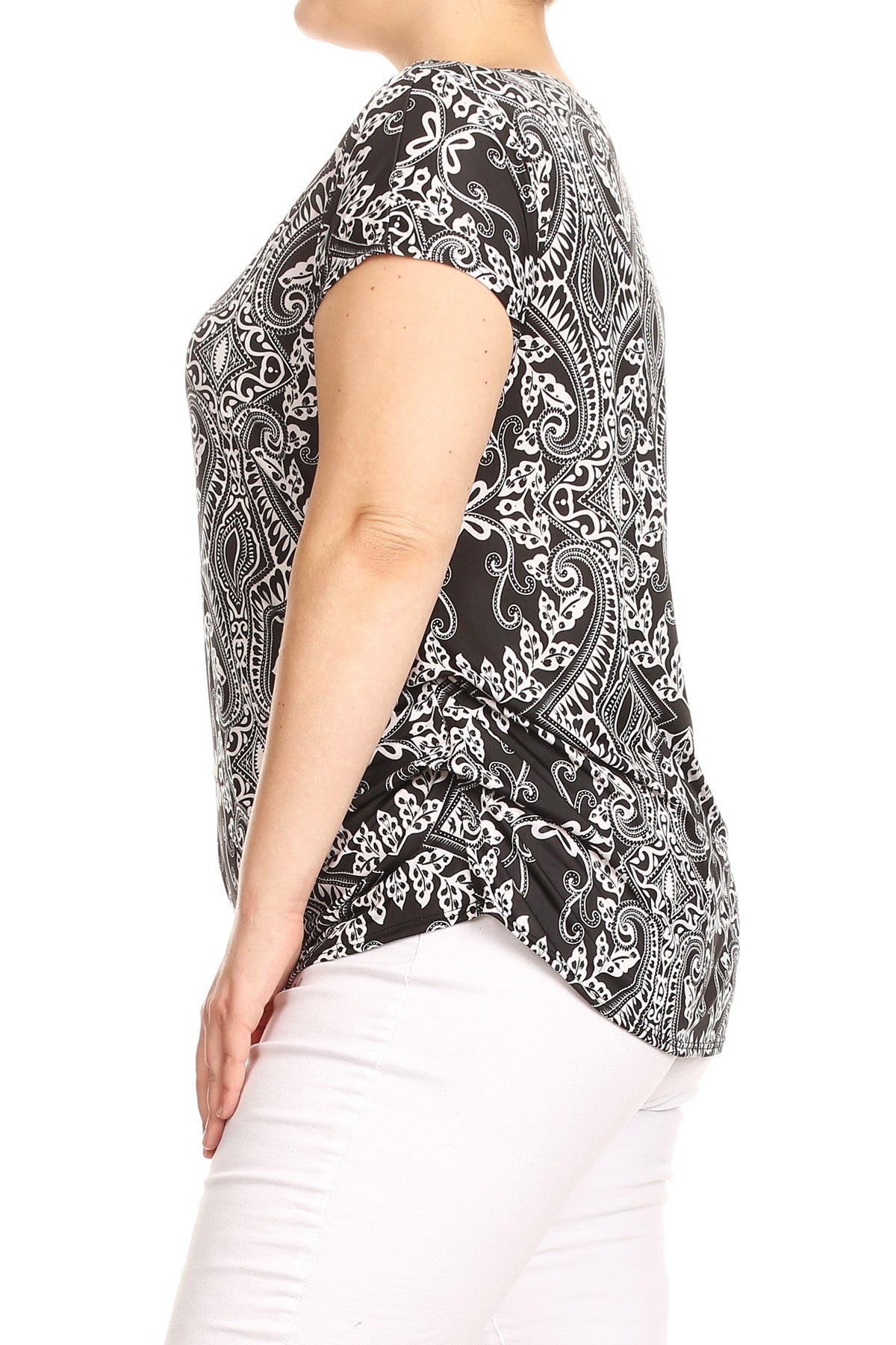 Black and white printed tunic top in a relaxed fit with a round neck, short sleeves, side ruched detail, and curved hi-low hem, in Plus Sizes.