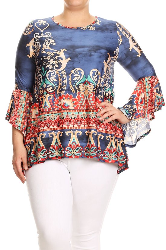 Blue, Coral, Turquoise and Off-White are most of the colors featured in this fun, curvy sized abstract print, waist length top in a relaxed fit, with flutter 3/4 sleeves, a crew neck, and asymmetric hem.