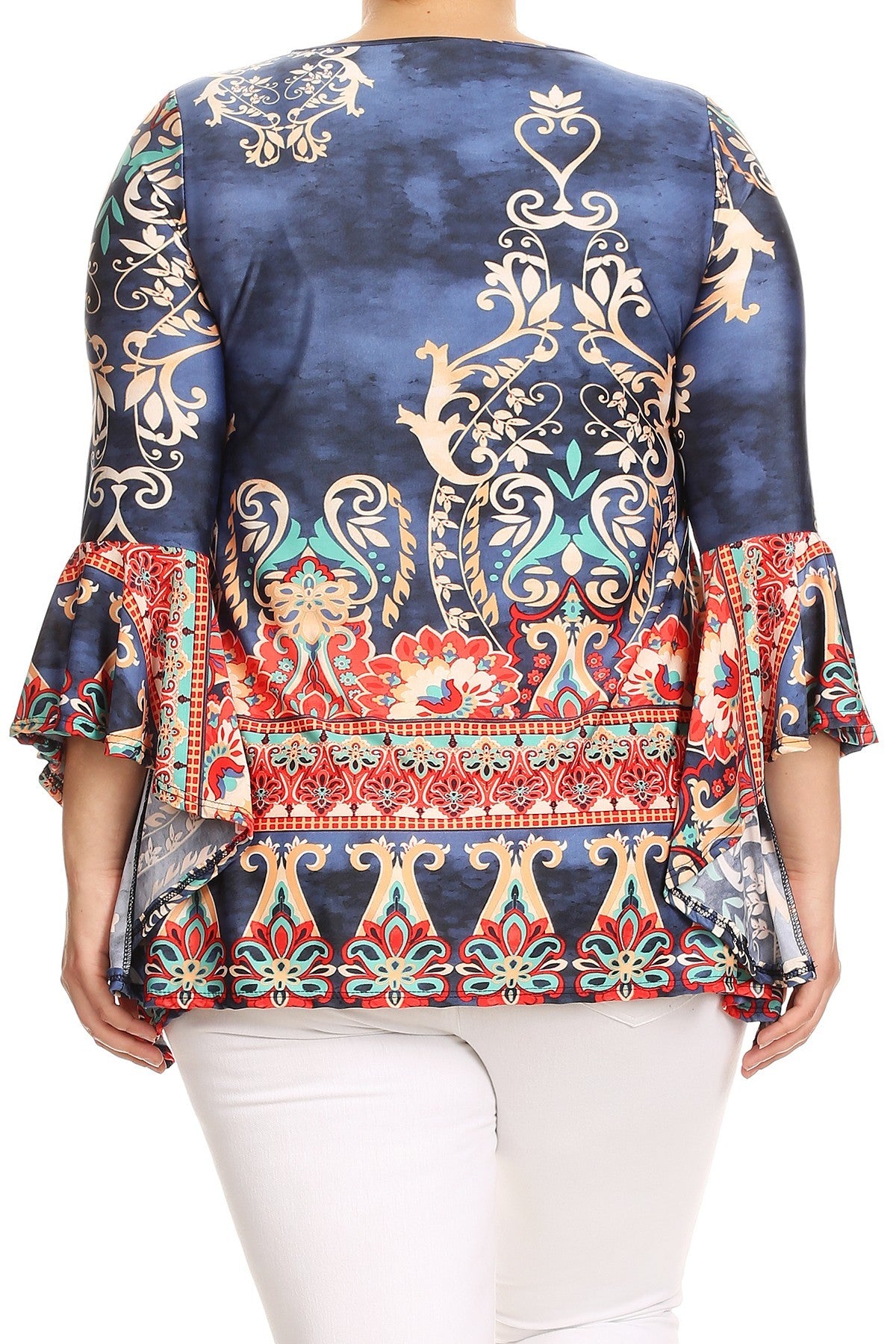 Blue, Coral, Turquoise and Off-White are most of the colors featured in this fun, curvy sized abstract print, waist length top in a relaxed fit, with flutter 3/4 sleeves, a crew neck, and asymmetric hem.