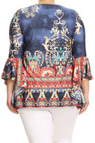 Blue, Coral, Turquoise and Off-White are most of the colors featured in this fun, curvy sized abstract print, waist length top in a relaxed fit, with flutter 3/4 sleeves, a crew neck, and asymmetric hem.