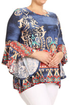 Blue, Coral, Turquoise and Off-White are most of the colors featured in this fun, curvy sized abstract print, waist length top in a relaxed fit, with flutter 3/4 sleeves, a crew neck, and asymmetric hem.