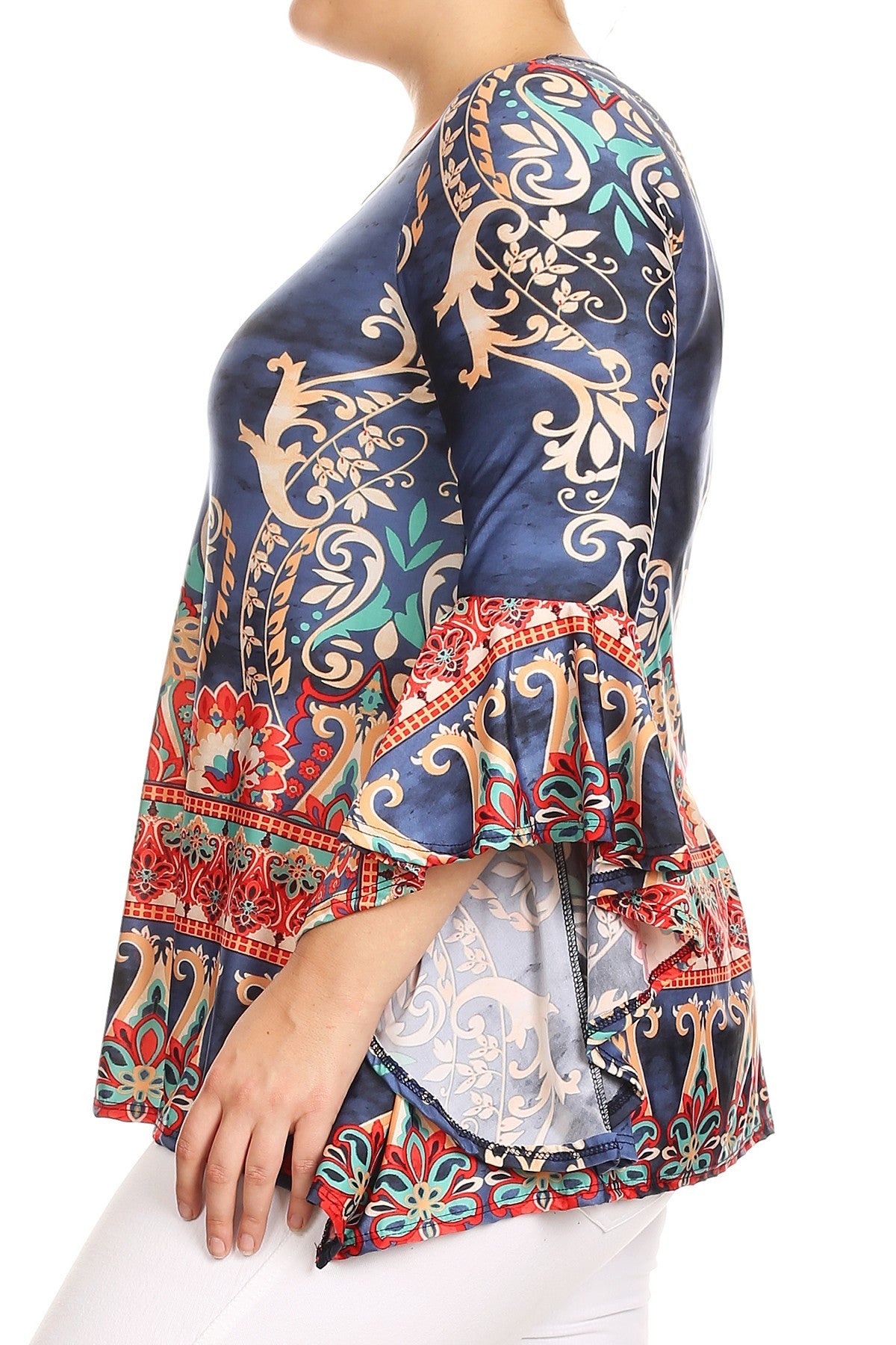 Blue, Coral, Turquoise and Off-White are most of the colors featured in this fun, curvy sized abstract print, waist length top in a relaxed fit, with flutter 3/4 sleeves, a crew neck, and asymmetric hem.