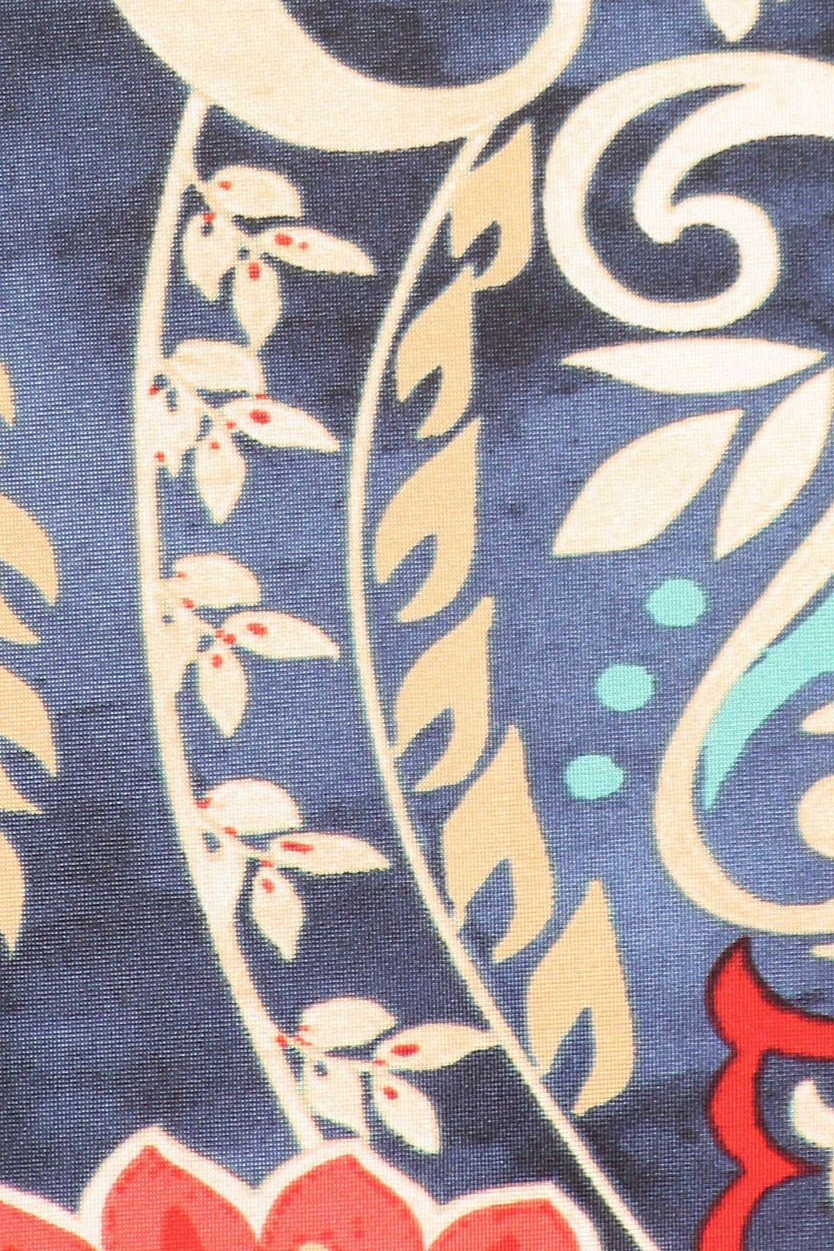 Blue, Coral, Turquoise and Off-White are most of the colors featured in this fun, curvy sized abstract print, waist length top in a relaxed fit, with flutter 3/4 sleeves, a crew neck, and asymmetric hem.