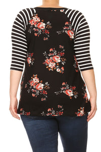 Black Floral Tunic Top With Striped 3/4 Sleeves Curvy