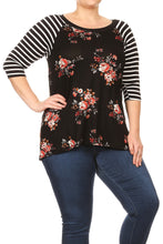 Black Floral Tunic Top With Striped 3/4 Sleeves Curvy