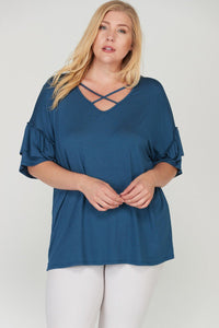 Plus Size Top Teal Criss Cross Front Ruffle Sleeve Curvy Top