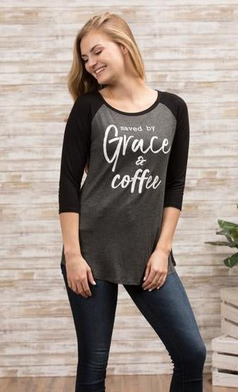 Gray Saved by Grace & Coffee Charcoal Baseball Tee with Black 3/4 Sleeves