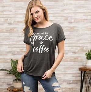 Charcoal & Ivory "Saved by Grace & Coffee" Short Sleeve Curvy Tee