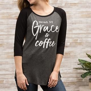 Gray Saved by Grace & Coffee Charcoal Baseball Tee with Black 3/4 Sleeves