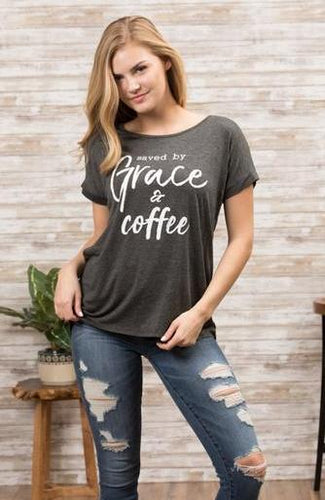 Charcoal Grey Saved by Grace & Coffee Short Sleeve Curvy Tee Plus Size