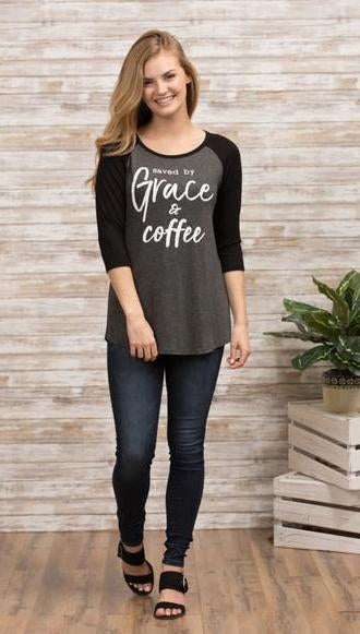 Gray Saved by Grace & Coffee Charcoal Baseball Tee with Black 3/4 Sleeves