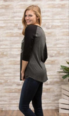 Gray Saved by Grace & Coffee Charcoal Baseball Tee with Black 3/4 Sleeves