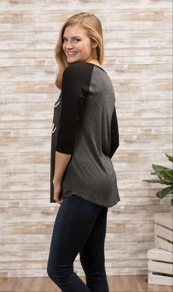 Gray Saved by Grace & Coffee Charcoal Baseball Tee with Black 3/4 Sleeves