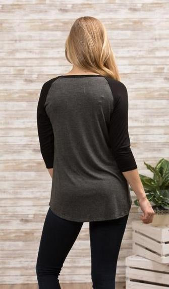 Gray Saved by Grace & Coffee Charcoal Baseball Tee with Black 3/4 Sleeves